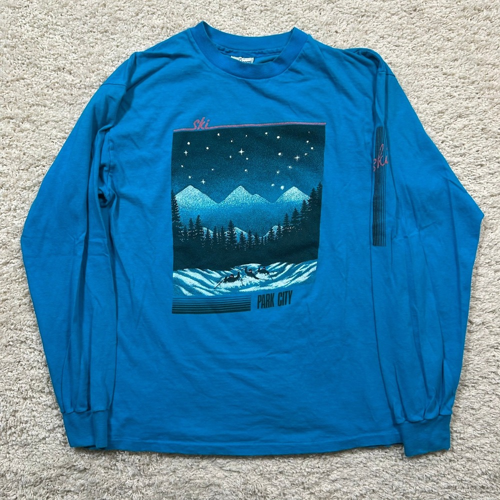 Vintage Hanes Park City Ski Utah T-Shirt XL Blue Long Sleeve Made in USA